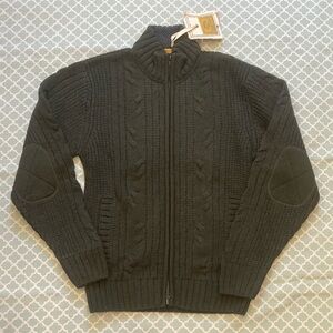 Original Vintage 1946 Dark Green/Brown Cable Knit Mens Zip Up Sweater Small